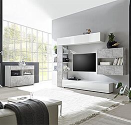 Sala moderna con parete attrezzata e madia, finitura Bianco Lucido e Beton