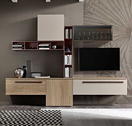 Parete attrezzata moderna Nyasa in finitura Cachemire, Noce naturale e Rosso siena 