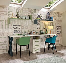 Scrivania con doppia postazione Moretti Compact, finitura Betulla, Flora e Pavone