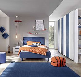 Cameretta moderna con letto una piazza mezza, armadio scorrevole e comodino, finitura Blu