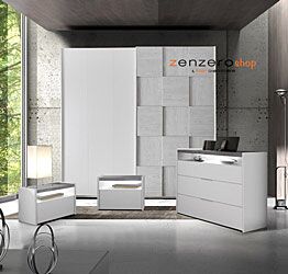 Set zona notte con Armadio scorrevole, Comò e Coppia Comodini, Bianco opaco, Artik e Beton