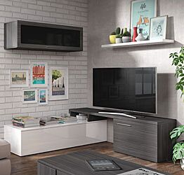 Parete attrezzata ad angolo, con porta tv, mensola e pensile, bianco lucido e grigio cenere