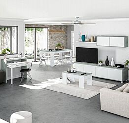 Soggiorno moderno completo con Tavolo, Parete attrezzata, scrittoio e tavolino, finitura Cemento e Bianco