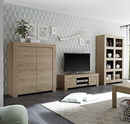 Soggiorno moderno, completo di Porta TV, libreria e Madia 4 ante, Rovere Cadiz