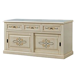 Credenza avorio pennellato con decori, 2 ante e 3 cassetti 157x78