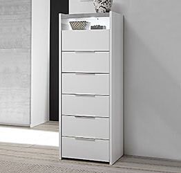 Conveniente Settimino moderno con 6 cassetti e vano a giorno, Bianco Opaco e Beton