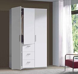 Armadio moderno, bianco lucido, 3 ante battenti e 3 cassetti