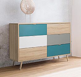 Madia Lavik con gambe in legno, 6 cassetti, finitura Quercia, Bianca, Petrolio e Grigia Zenzero Shop