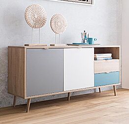 Madia Lavik con gambe in legno, 2 ante 2 cassetti, finitura Quercia, Bianca, Petrolio e Grigia