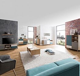 Soggiorno Lavik completo, stile nordico con gambe in legno finitura Quercia, Bianco, Petrolio e Grigia