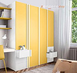 Armadio moderno 4 ante battenti e 6 cassetti in Bianco e Giallo Grano
