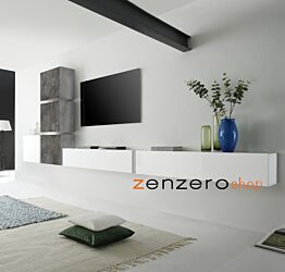 Parete attrezzata con 2 pensili vasistas e ribalte e 4 cubi, finitura Piombo, Beton e Bianco Lucido