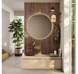 Ingresso moderno con boiserie cannettata, specchio e base, Cashmere e Mercure