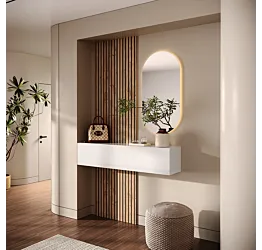 Ingresso moderno con specchio ovale e pannello cannettato, Bianco lucido e Cadiz