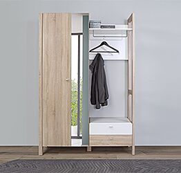 Mobile ingresso con armadietto e appendiabiti, finitura Rovere e Bianco