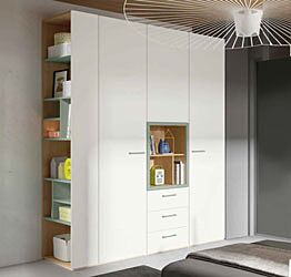 Armadio moderno 3 ante 3 cassetti con vano a giorno al centro, colore Bianco e Noce Biondo