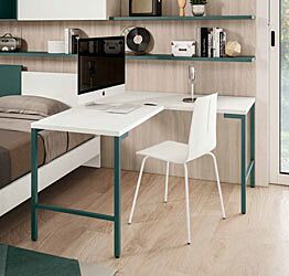 Scrivania moderna ad angolo con gambe in metallo, Bianca e Verde Salvia