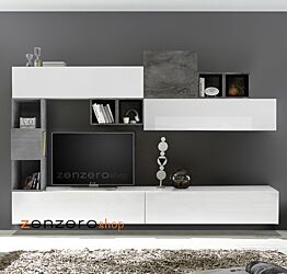 Parete attrezzata completa di libreria e pensili con maniglia, finitura Bianca Lucida, Ossido e Beton