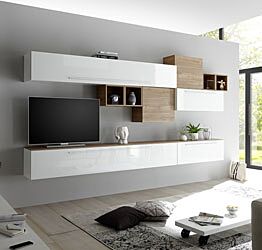 Parete attrezzata sospesa, maniglie di design, finitura bianca lucida e noce stelvio