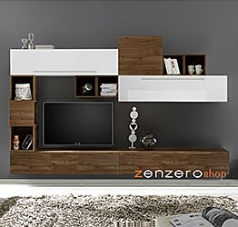 Parete attrezzata spaziosa, completa di libreria, Bianca Lucida e Noce Dark