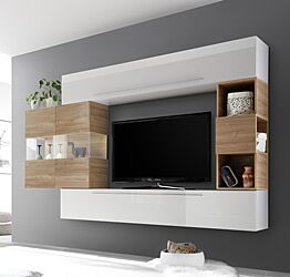 Parete attrezzata con vetrina 2 ante e libreria piccola, finitura Noce Stelvio e Bianco Lucido