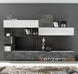 Parete attrezzata spaziosa, completa di libreria, Bianca Lucida, Ossido, Beton e Piombo