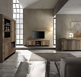 Sala completa in stile shabby chic con porta tv, madia e contenitore noce