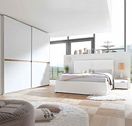 Camere matrimoniale Bianca Opaco e Noce Stelvio con letto ecopelle bianco e armadio H.248