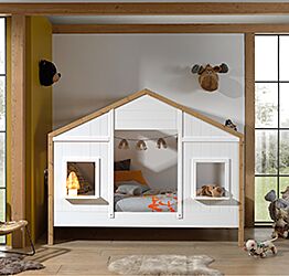 Letto casetta per bambini, Bianco e Pino naturale, modello montessoriano