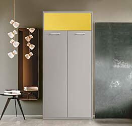 Letto singolo a scomparsa, finitura Grigio seta e Giallo cedro