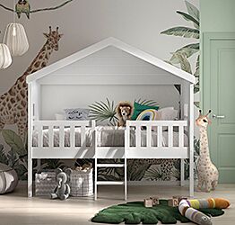 Letto a casetta con finestre per bambini, bianco laccato