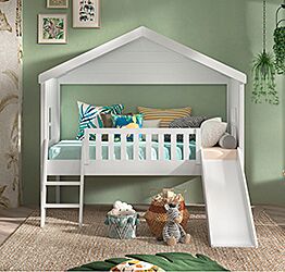 Letto a casetta con scivolo e finestre, scontato del 70%