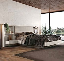 Letto matrimoniale Ester contenitore, finitura Bianco altea e Grigio seta con testata tessuto Grigio