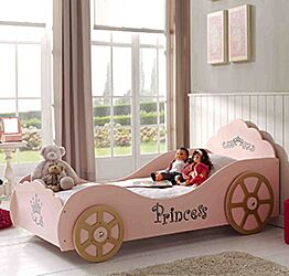 Letto principessa per bambine design macchina, finitura Rosa laccato