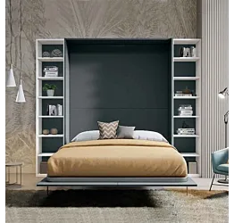 Letto salvaspazio matrimoniale con librerie, finitura Blu reale e Bianco frassino