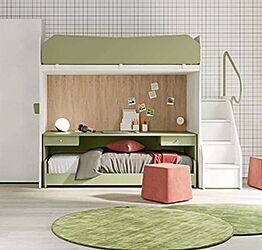 Letto con scrivania a castello, finitura Cemento artico, Oliva e Royal oak