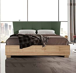 Letto con testata imbottita e giroletto in legno, Verde bosco e Noce biondo