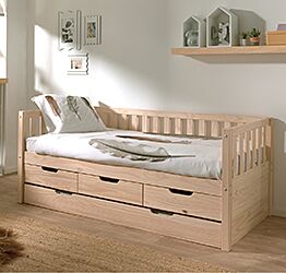 Divano letto pino massello con secondo estraibile e 3 cassetti, disponibile in due colorazioni