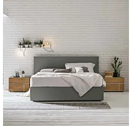 Letto imbottito Zeno, finitura ecopelle Eve con bordino Gesso Zenzero Shop