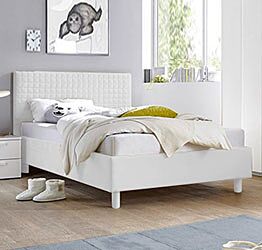 Letto Square bianco in tessuto imbottito una piazza e mezza,  testiera riquadrata