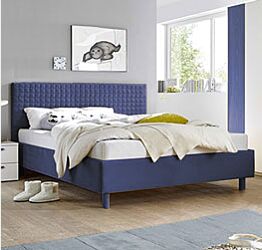 Letto matrimoniale Square in tessuto blu imbottito, testiera riquadrata