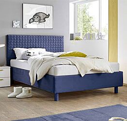 Letto Square blu in tessuto imbottito una piazza e mezza, testiera riquadrata