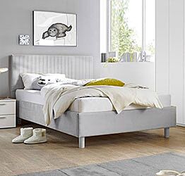 Letto singolo Vertigo grigio in tessuto imbottito, testiera righe