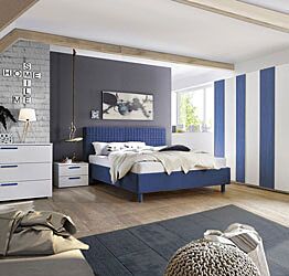 Camera matrimoniale completa, letto imbottito, armadio vertigo scorrevole, Blu