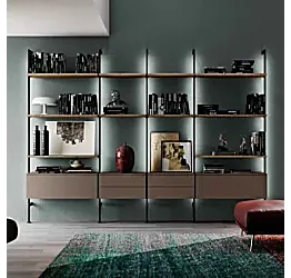 Libreria a muro moderna, finitura Rovere tabacco e Bronzo