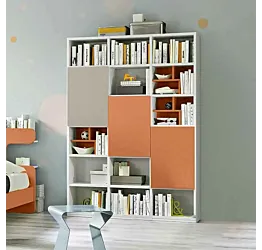 Libreria camerette con 3 ante, Bianco frassino, Tortora e Terracotta