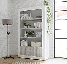 Libreria moderna con 3 ripiani e 2 ante, finitura Bianca Lucida e Pino Bianco