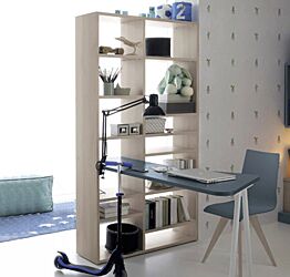 Libreria con scrivania integrata, finitura Ciliegio bianco e Blu opale