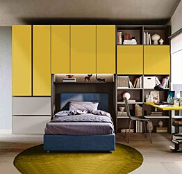Cameretta a ponte con libreria, finitura Grigio seta, Giallo cedro e Bronzo