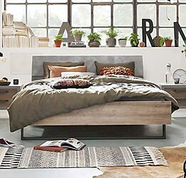 Letto Industry con testata ricurva in finitura Rovere e Grigio smoke